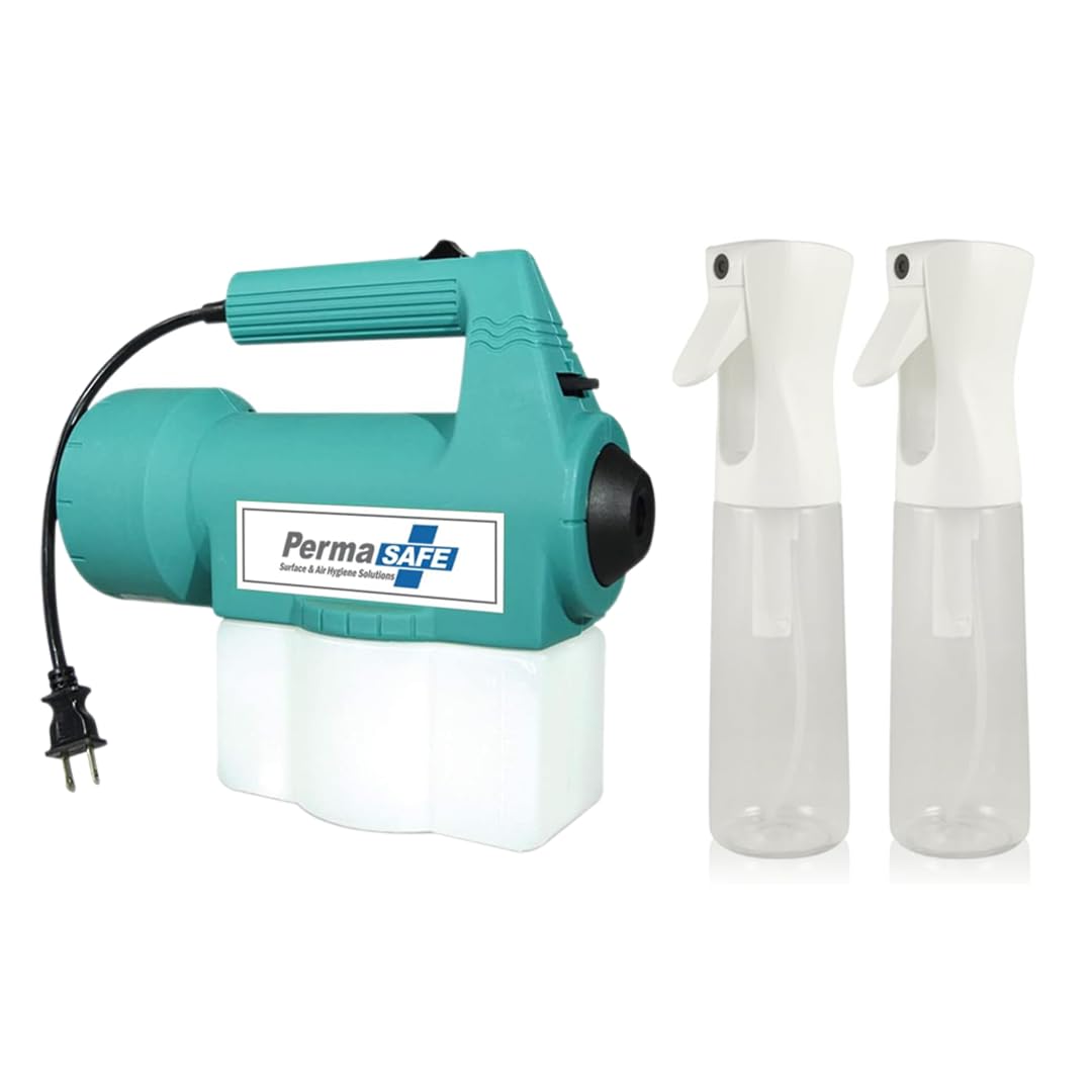 PermaSafe Handheld Electric ULV Fogger & Professional Continuous Spray Bottle Set | Pre-Compression Fogging Sprayer with Leak-Proof Design -10 oz Spray Bottles (Pack of 2)