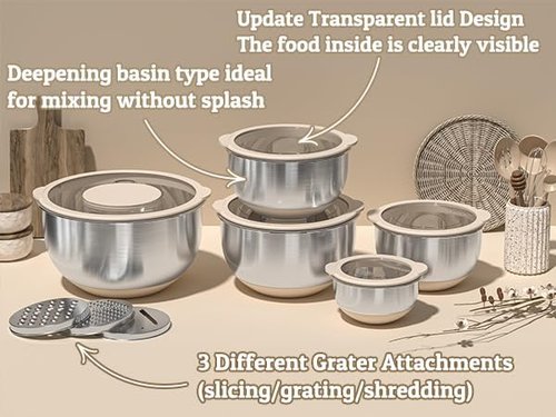 Mixing Bowls Set by [Brand Name] - Airtight Stainless Steel Bowls with Lids & Graters | Non-Slip, Khaki 5/3/2/1.5/0.63QT