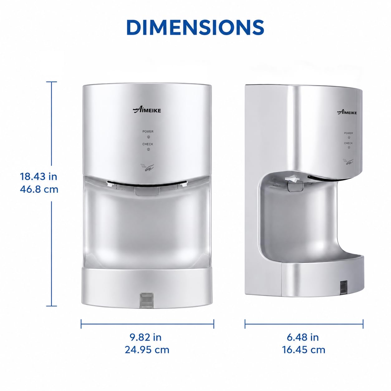 AIMEIKE Automatic Commercial Wall Mounted Hand Dryer with Drip Tray, Compact High Speed 110V 1300W, Adjustable Hot & Cold Air, Low Noise for Bathroom & High-Traffic Restrooms, Silver