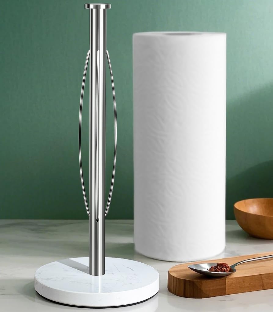 YIGII Heavy Marble Base Paper Towel Holder Countertop - Standing Paper Towel Roll Holder with Weighted Base, Papertowel Holder for Kitchen, White Marble