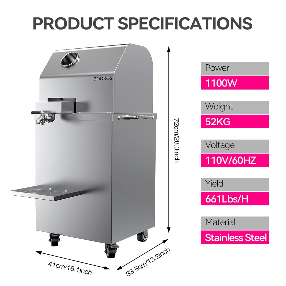 BOOROS Sugar Cane Juicer Machine 1100W Sugarcane Juicer With 3 Stainless Steel Rollers and 2.4" Extra Large Inlet, 300KG/H High Output Commercial Sugar Cane Juice Extractor,110V,Home/Commercial