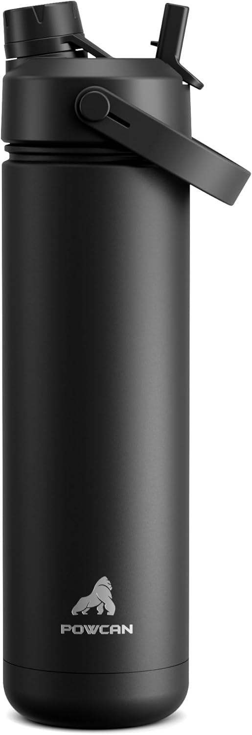 POWCAN 26 oz Insulated Water Bottle - 2-in-1 Straw & Spout Lid, Leak-Proof, Fits Car Cup Holder | Dark Knight