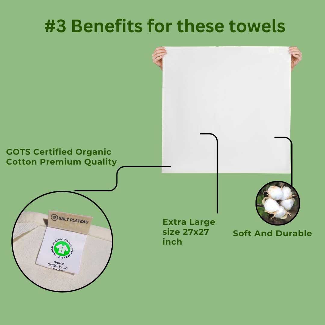 SALT PLATEAU Organic Flour Sack Towels - 8 Pack, 27x27 inch, Natural, Unbleached, Lint-Free, White, Kitchen Towels
