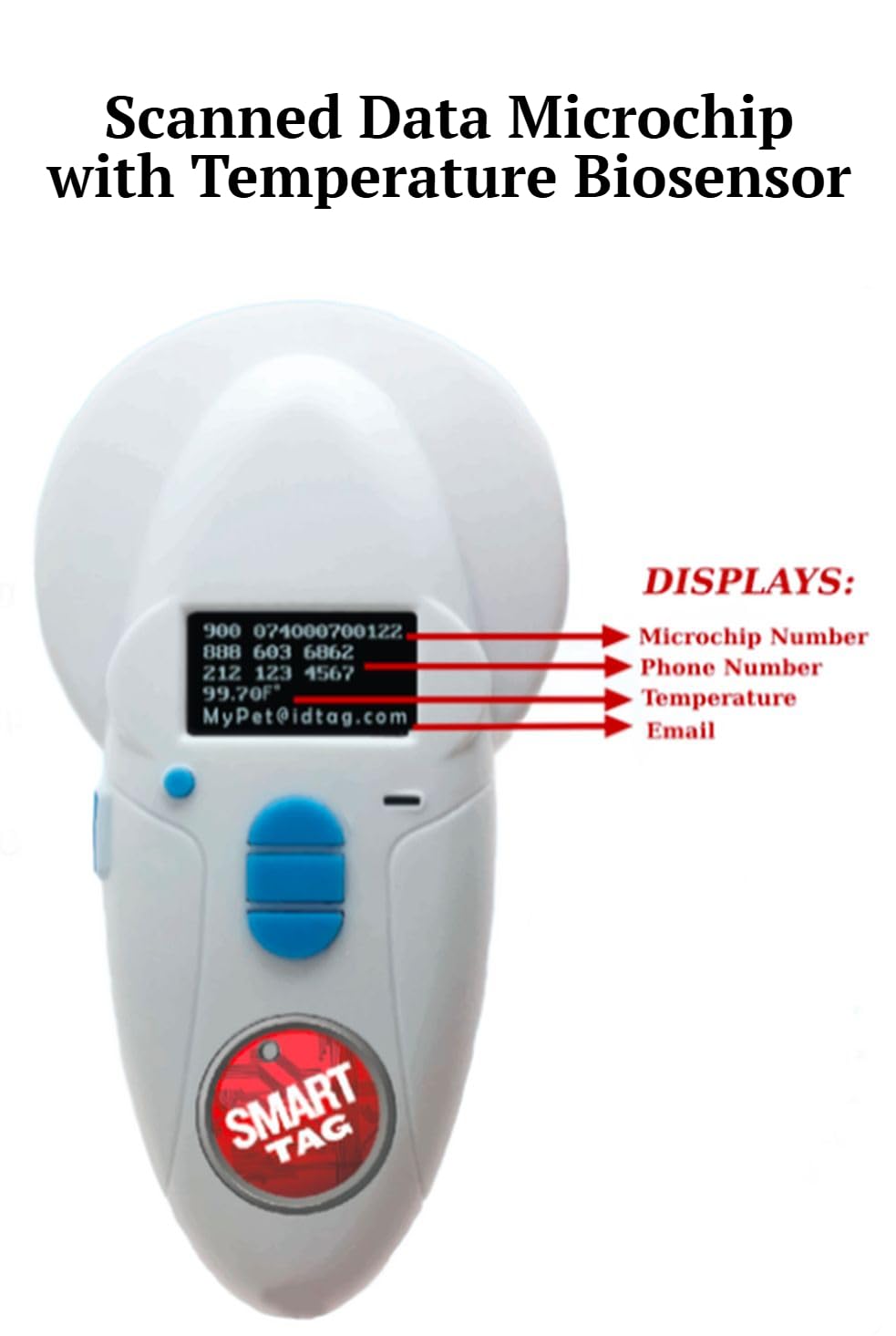 SMART TAG Multi-Frequency Microchip RFID Data Scanner/Temperature Reading Capable for All ISO 134.2KHz & 125KHz, Read/Display/Program Up to 54 Characters (Phone #s, email & More), USB Rechargeable