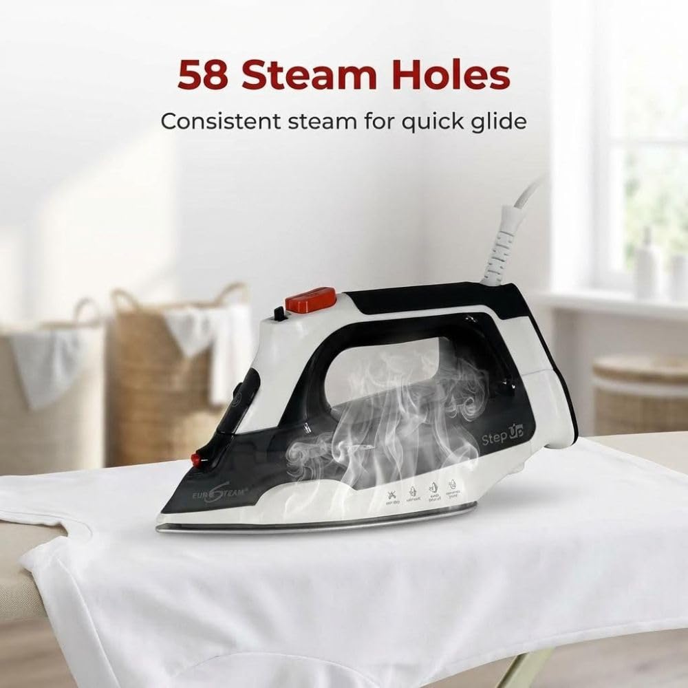 Eurosteam Step Up Iron - Self-Lifting Smart Iron with Ceramic Soleplate - Auto-Lift Safety & Smart Temp Technology for All Fabrics - Ironing Reimagined: Smart, Safe, and Effortlessly Fast