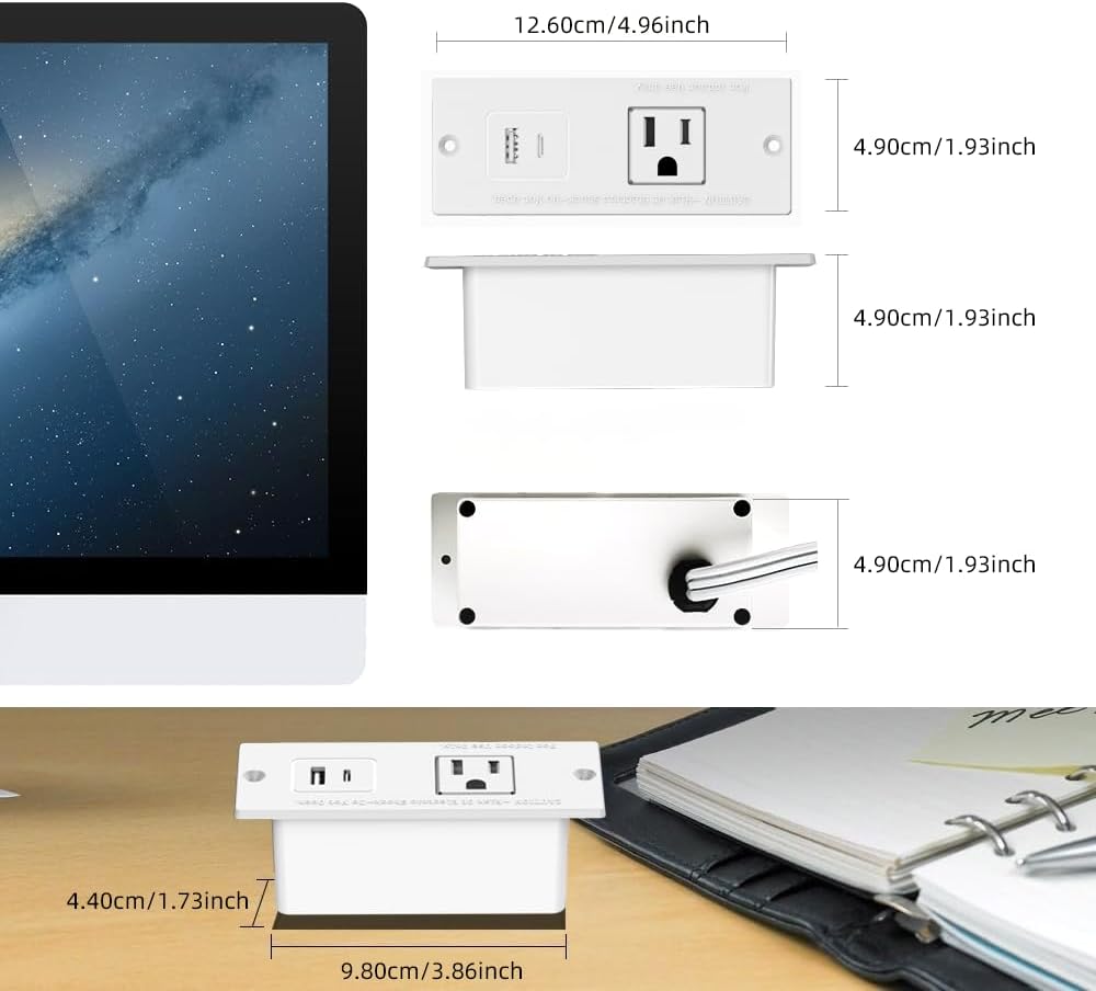 Geao Adapter 1500W Inset Small Recessed Power Strip with USB Electrical Outlet Extender Plug Extension Cord Hidden