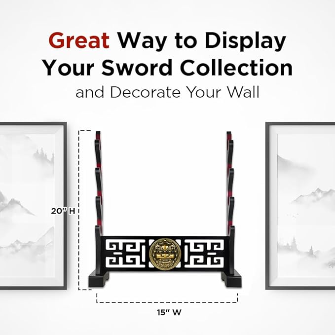 Logest Sword Stand - 4 Tier Options Available - Crafted Using Wood Katana Holder - Furnished in Black with a Gold Lion?™s Head - Desirable Sword Display Gift Option - Sword Holder Katana Stand