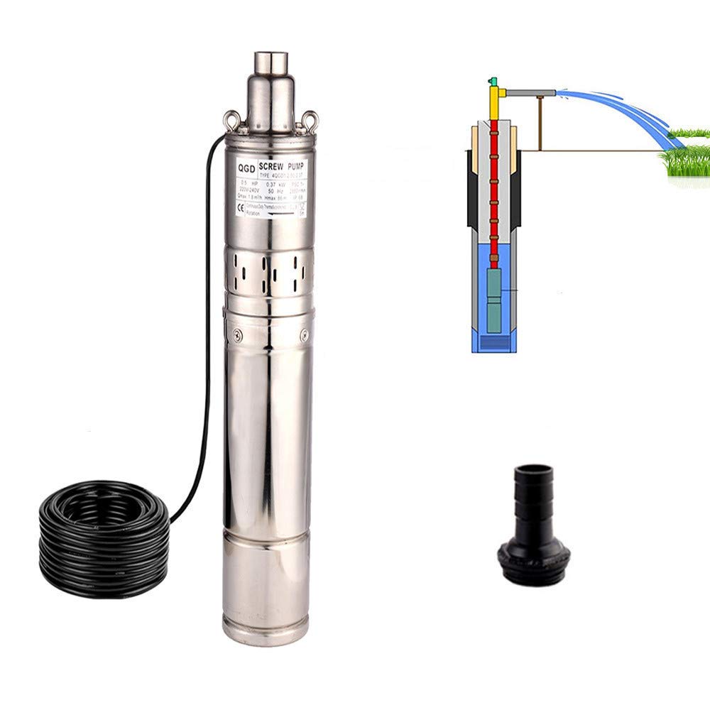 SHYLIYU 1/2HP Stainless Steel 4" OD Pipe Submersible Bore Pump 1inch Outlet Water Pump 86M Head Deep Well Pump Screw Submersible Water Pump for Industrial and Home Use, 220V/50Hz