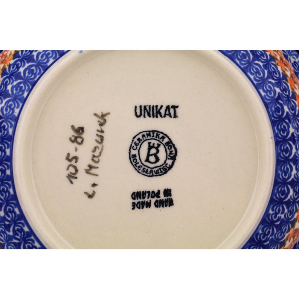 Polmedia Polish Pottery Pasta Bowl 9-inch - Peach Tudor Rose Pattern Handmade in Boleslawiec Poland by Ceramika Bona + Certificate of Authenticity