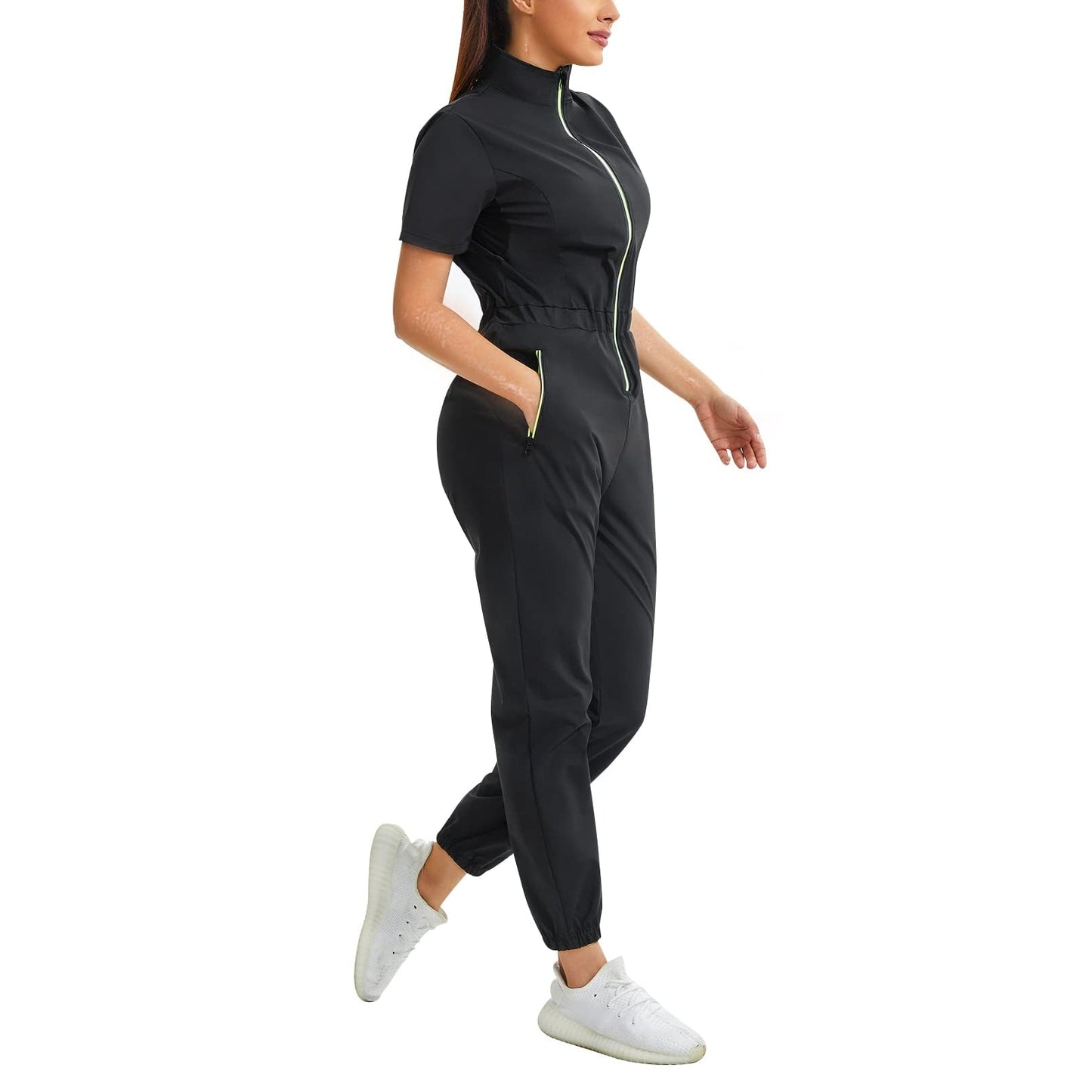 Junlan Sauna Suit for Women Sweat Jumpsuit Stand Collar Heat Trapping Shirt for Women Workout Sports(Black,Large)