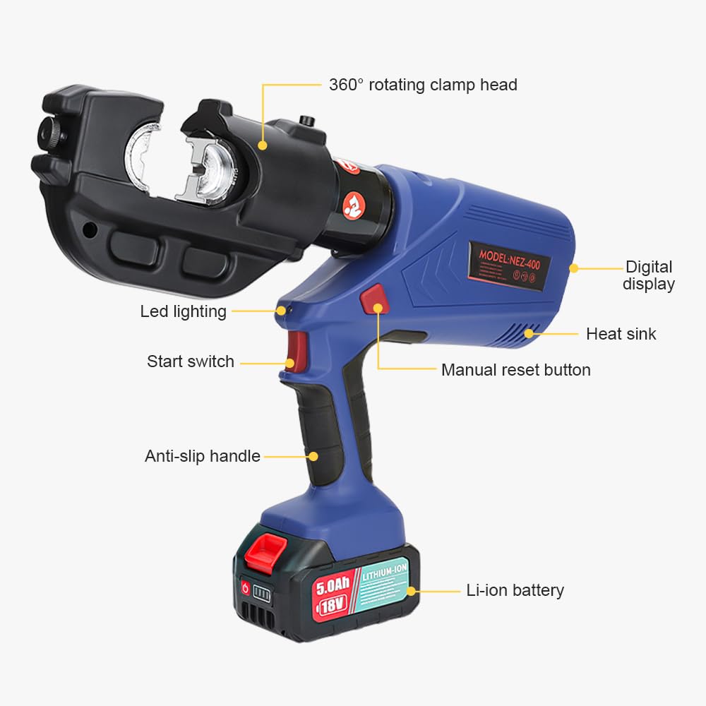 aienvh Electric Hydraulic Cable Crimping Tool 12 Ton, with Digital Display, Suitable for Wires and Copper/Aluminum Terminals, Includes 11 Sets of Dies and 2 Rechargeable 5.0A Batteries
