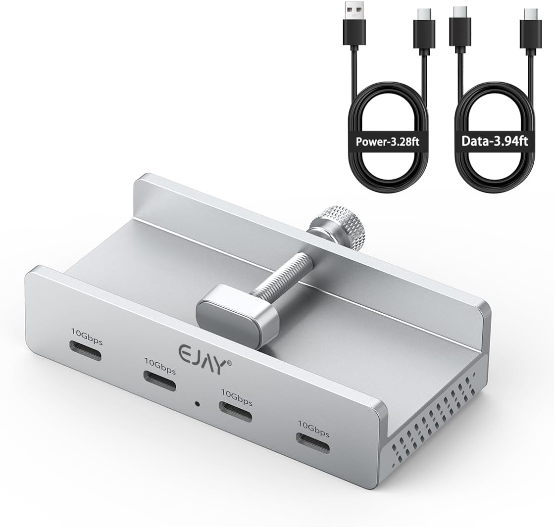 EJAY 4-Port 10Gbps 3.2 2, USB C Hub Clamp Mount, USB Hub Gen Aluminum Clamp On USB Hub for Monitor & Desk, Dual Cable