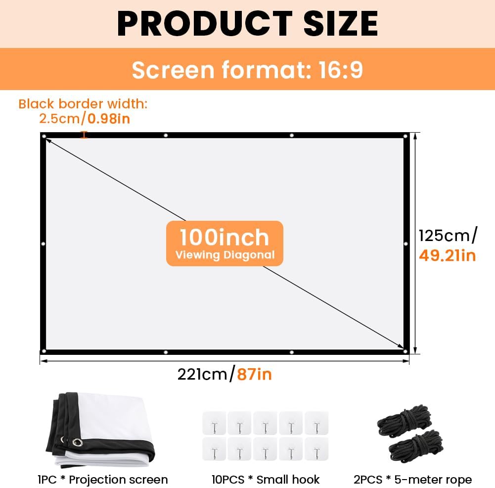 StepOK 16:9 60"|72"|84"|100"|120"|150" (100 inch Projector Screen, White Projector Screen, No Crease Home Theater