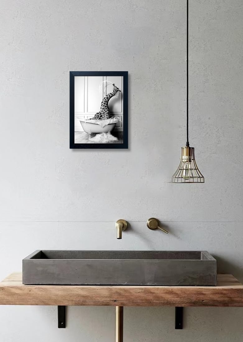 Skiennix Framed Animal Bathroom Wall Art - Funny Giraffe in Bathtub Canvas Print | Black and White Decor for Kids' Bathrooms