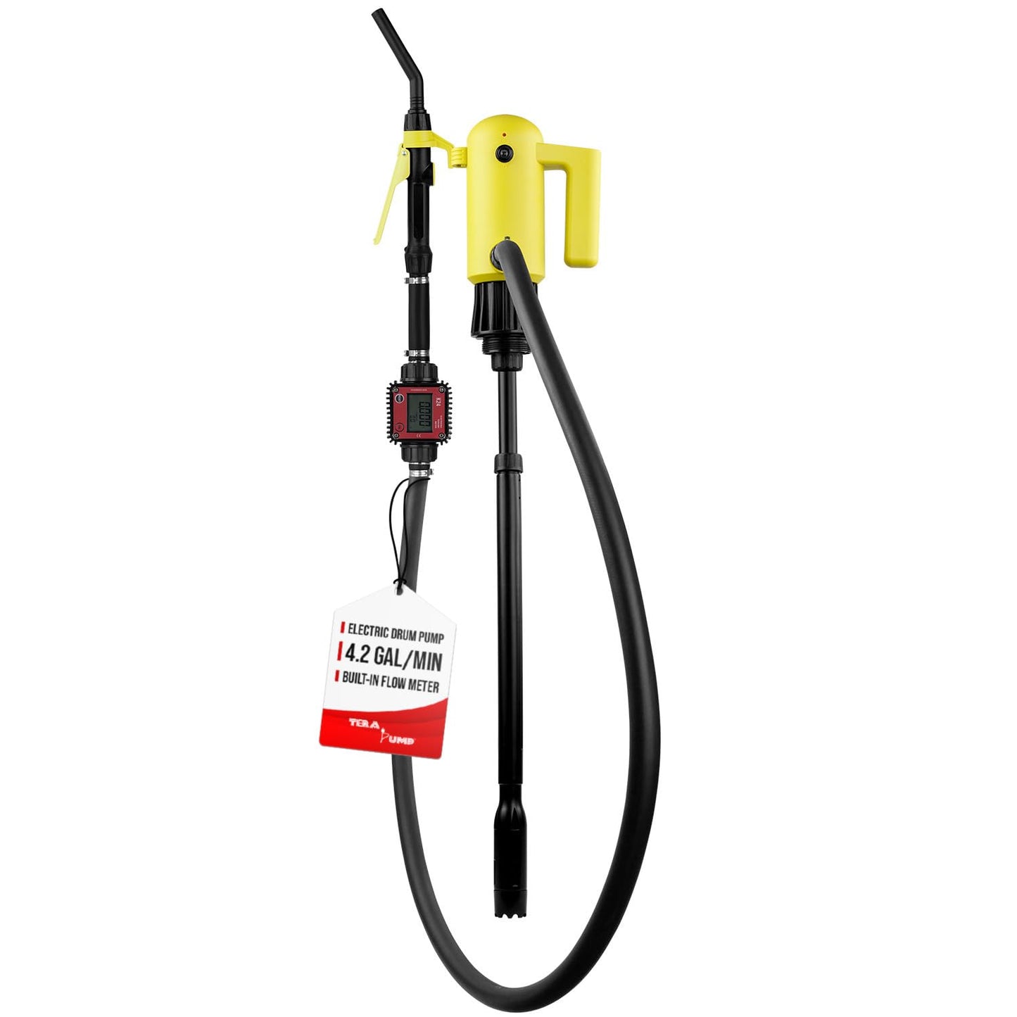 TERA PUMP - TReDRUME-M Plug-In Electric 12V AC Telescopic Intake Pump with Turbine Meter for Gasoline, Diesel, DEF, Kerosene, AG Chemicals 4.2-GPM Transfer Pump | Fits 15, 30 and 55 Gallon Drums
