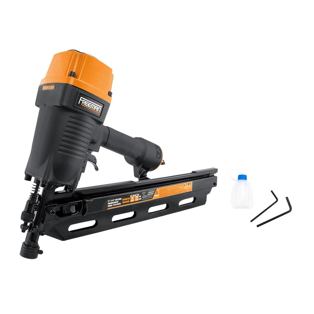 Freeman Pneumatic 21 Degree Framing Nailer with Nails | 2" – 3-1/2” Full Round Head Nails | Anti-Dry-Fire, Dual Trigger, Depth Adjust, and Comfort Grip | PFR2190NQ