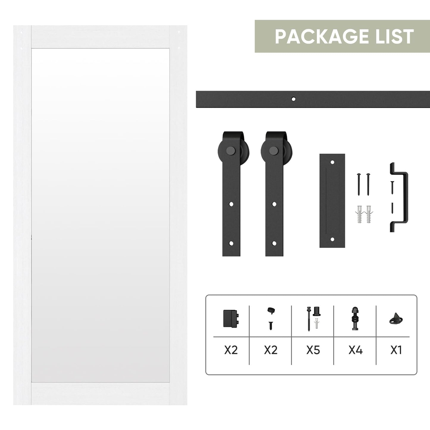 JUBEST 42x84 in Mirror Barn Door and 7FT Sliding Door Hardware Kit Included, White Full Length Mirror, Solid Wood Panel Covered with Water-Proof PVC Surface, No Assembly Required