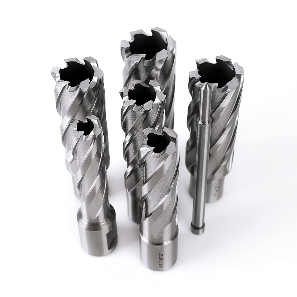 OSCARBIDE Annular Cutter Set 8 Pieces, 3/4" Weldon Shank,2" Cutting Depth,(9/16,11/16,13/16,15/16,1,1-1/16) inch Cutting Diameter,Mag Drill Bits for Magnetic Drill Press with 2pcs Pilot Pins