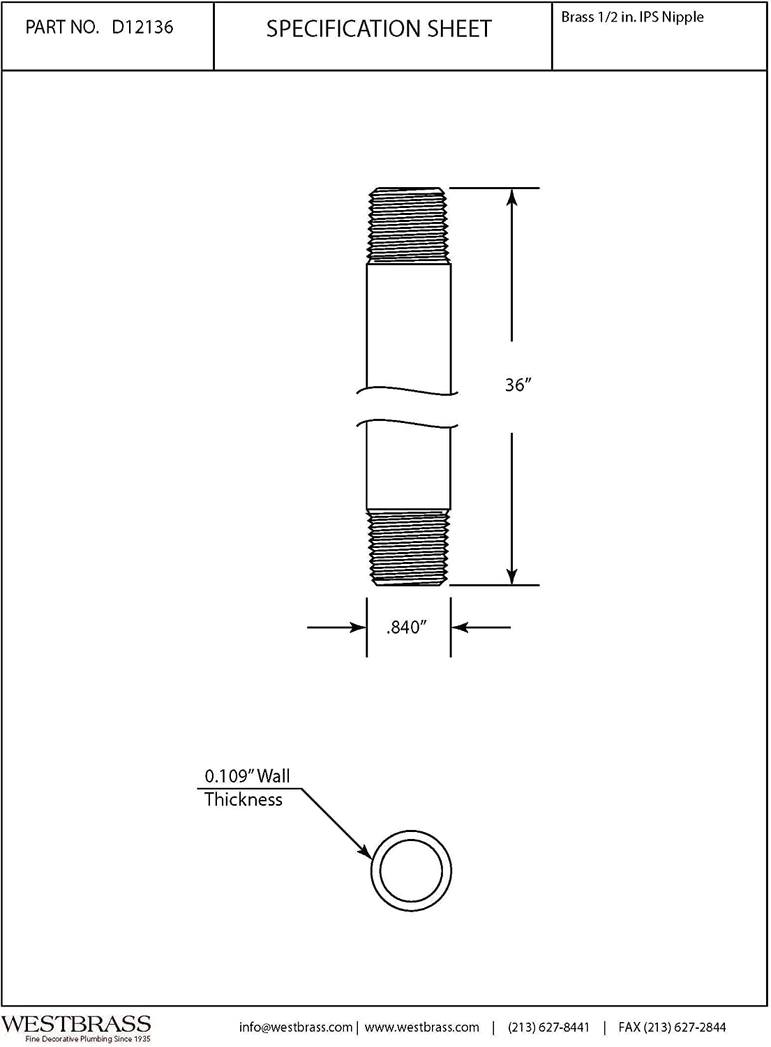 Westbrass D12136-25-05 ½” x 36" IPS Brass Pipe Nipple, Polished Nickel (25-Pack)