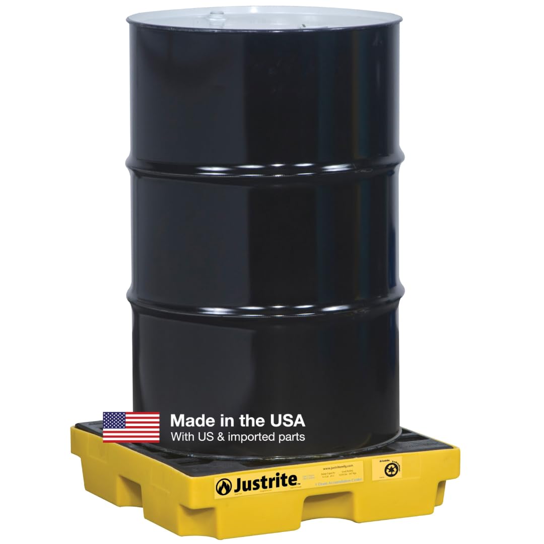 Justrite Low Profile 1 Drum Spill Containment Pallet Accumulation Center - 5.5" Tall - 12 Gal Capacity for 55 Gallon Drum Containment - Made in The USA from 30% Recycled Polyethylene - Yellow - 28652