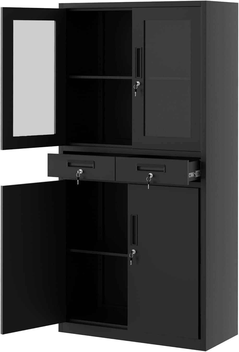 PioneerWorks 71" Black Metal Storage Cabinet w/Glass Doors | 2 Drawers + 2 Adjustable Shelves, Lock Feature | for Garage, Home Office Organization