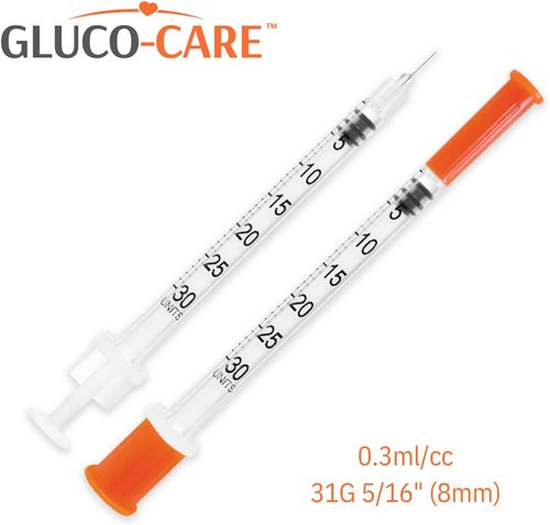 GLUCO-CARE 31G x 5/16’’ Syringes - 0.3 ml/cc, Orange Cap, Box of 100 for Precision Dosing