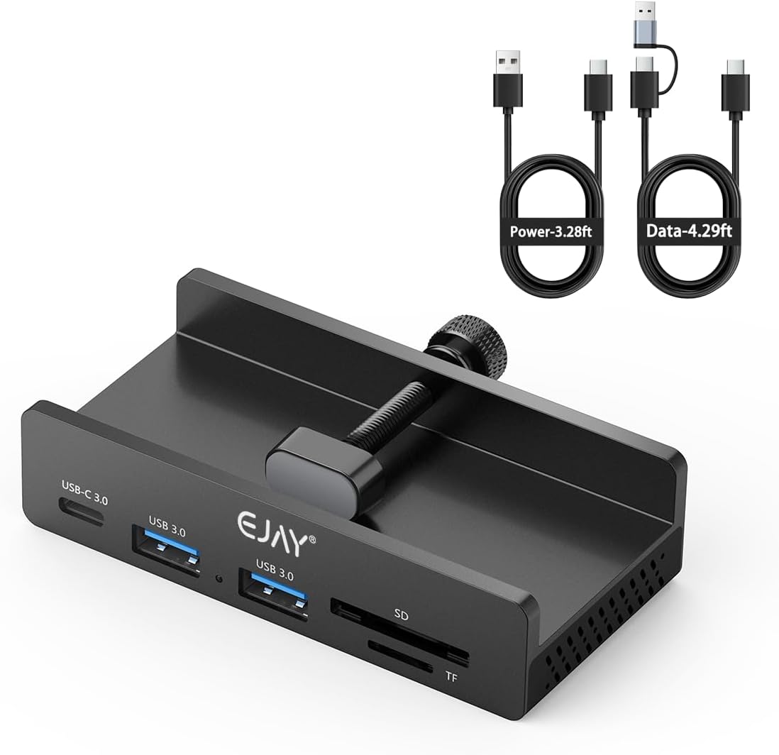 EJAY 5-in-1 59" 5Gbps Clamp USB Hub Desk Mount, Aluminum Mountable USB C Hub with SD/TF Card Reader, Long Cable Under