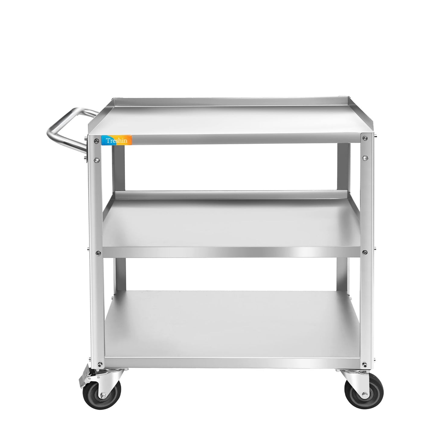Treshin 3 Tier Stainless Steel Utility Cart, 16.73" W x 27.76" L x 31.61" H Commercial Heavy Duty Metal Food Service Trolley Rolling with Handle for Kitchen Home Restaurant Hospital Lab and Hotel