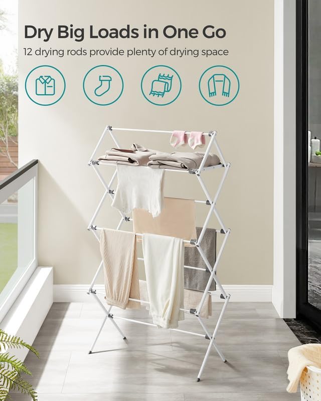 SONGMICS Foldable Clothes Drying Rack - Steel Frame Laundry Airer for Indoor/Outdoor Use | 14.6 x 29.5 x 53.2 Inches, Easy Assembly, White
