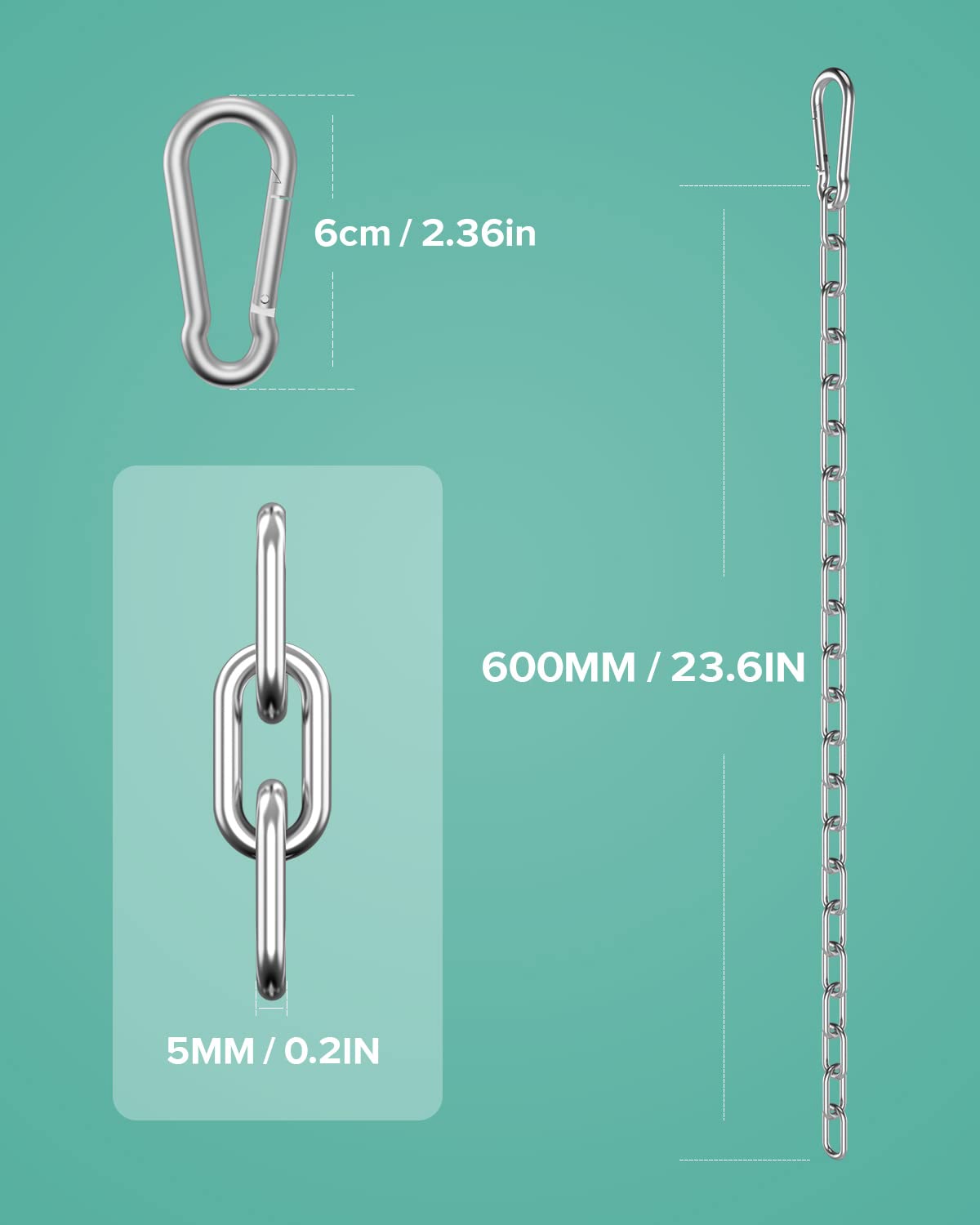 Fitness Chain 23in, Workout Chain, Cable Machine Extension Chain, 304 Stainless Steel LAT Pull Cable Extension Weight Lifting Machine Chain, Curl Bar Chain for Home Gym (Dia-5mm (23in length))
