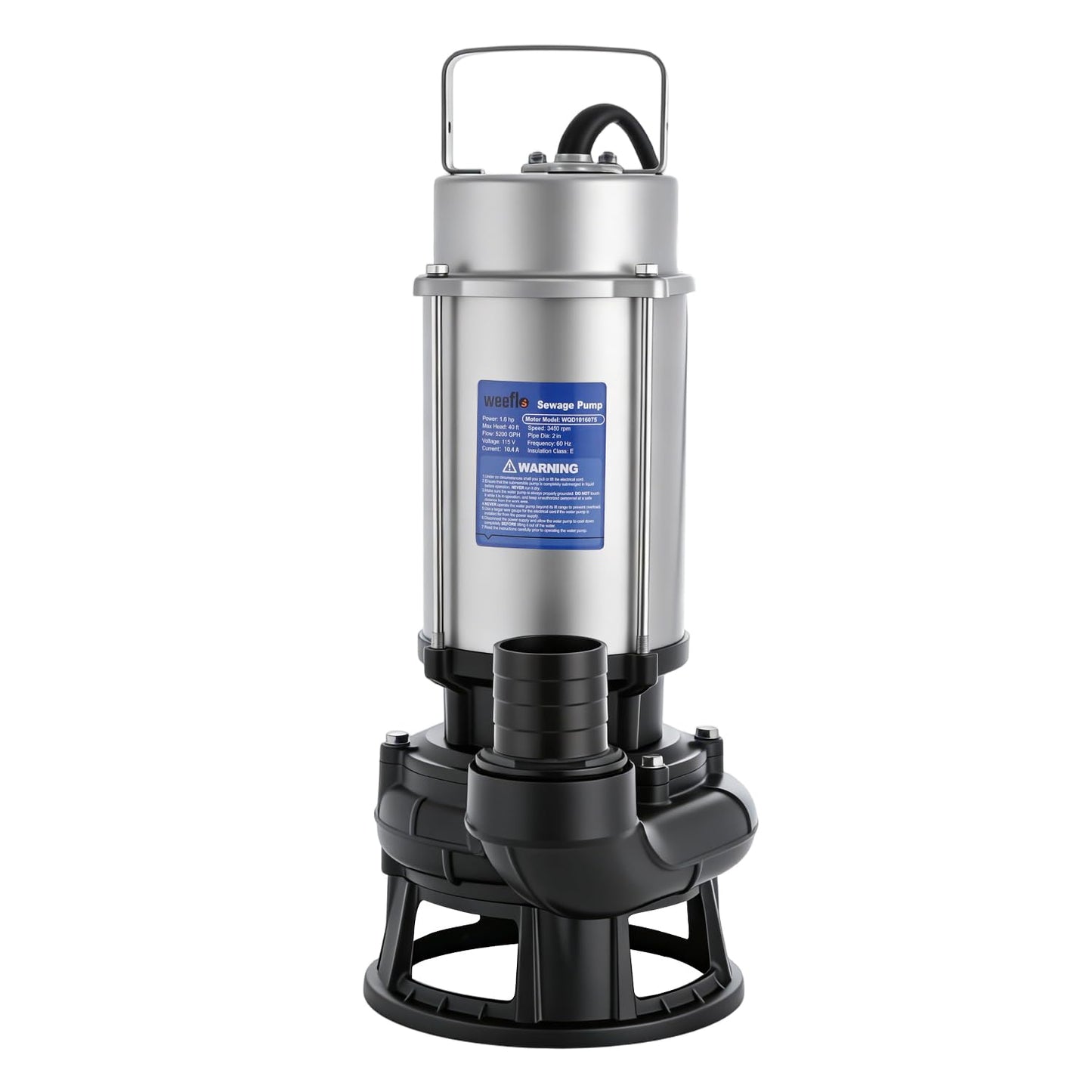 Weeflos 1.6HP 5200GPH Sewage Grinder Pump Stainless Steel Effluent Pump with Auto Float Switch for Basement Sump Basin and Sewage Well Pre-wired (16M) with a 3-Point Plug