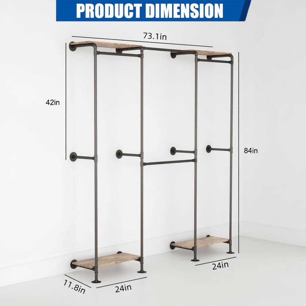 KaKaBB Industrial Pipe Clothing Rack, Wall Mounted Clothing Rack for Hanging Clothes, Adjustable L Shape Corner Clothes Rack with Shelves, Closet System for Walk in Closets(BLACK)