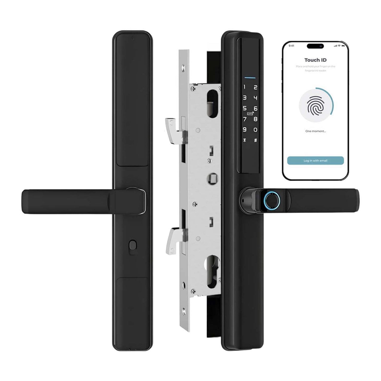 Smart Door Lock for Sliding Doors – 6-in-1 Keyless Entry with Fingerprint, Passcode, IC Card, Tuya App Control, Physical Key + Built-in Doorbell, Auto-Lock, Sleek Black Aluminum, Easy Installation