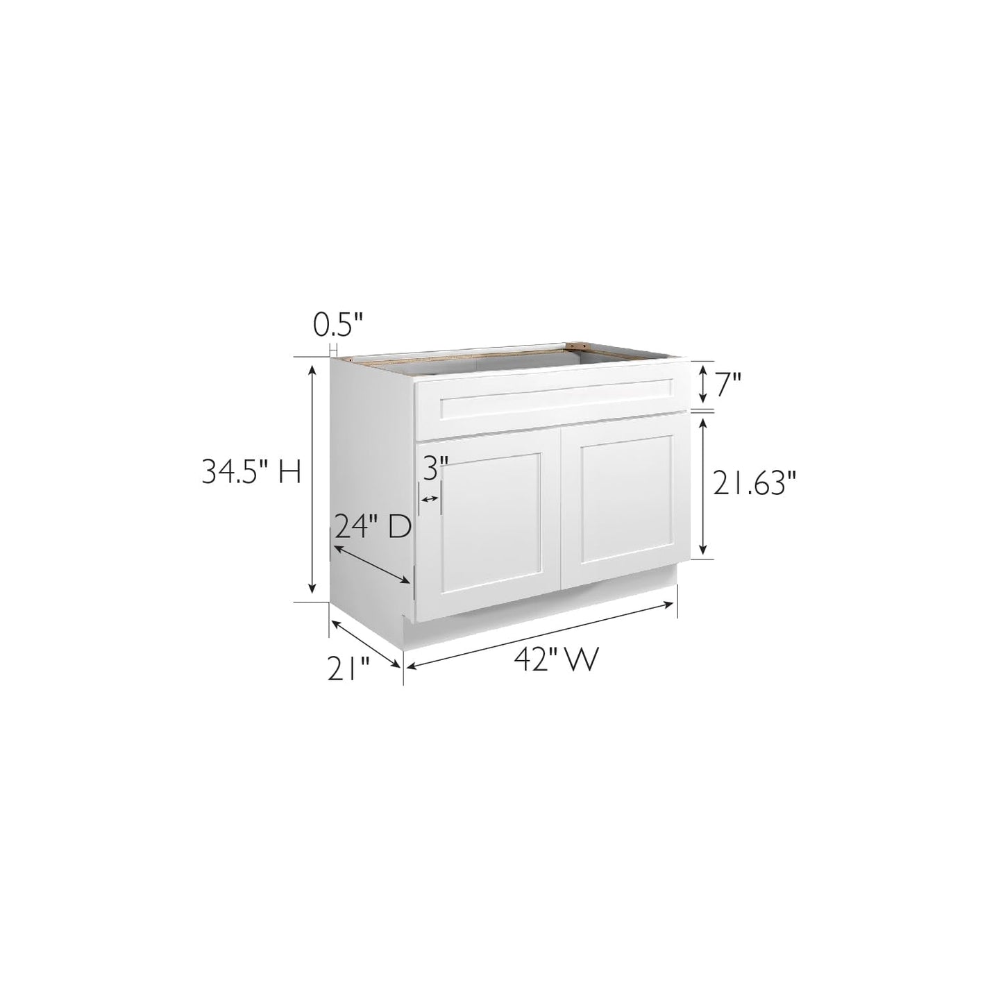 Design House Brookings Shaker Fully Assembled Sink Base Kitchen Cabinet SB42, 42 W x 24 D x 34.5 H, Painted White, Solid Wood, Design House, 613307