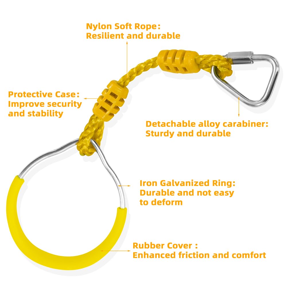 Swing Ninja Ring Indoor Outdoor Backyard PlaySet Fitness Gymnastic Training Equipment, 4 Pack Yellow Hanging Jungle Gym Fist Trapeze Monkey Bars Climbing Ring Ninja Warrior Obstacle Course Attachments