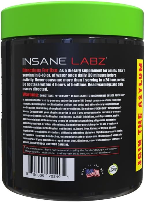 Insane Labz Psycho Sam, High Stimulant Pre Workout Powder, 30 Srvgs (30 Servings (Pack of 1), Watermelon