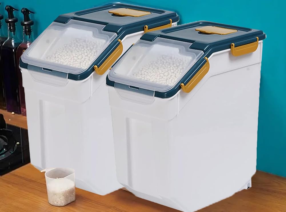 YXQ 25LB Large Flour Storage Container Bin ,2 Pack Airtight Plastic with Wheels Seal Locking Lid Dispenser Organizer Storage Bin with Measuring Cup & Scoop for Flour, Rice, Grain 50LBS Total