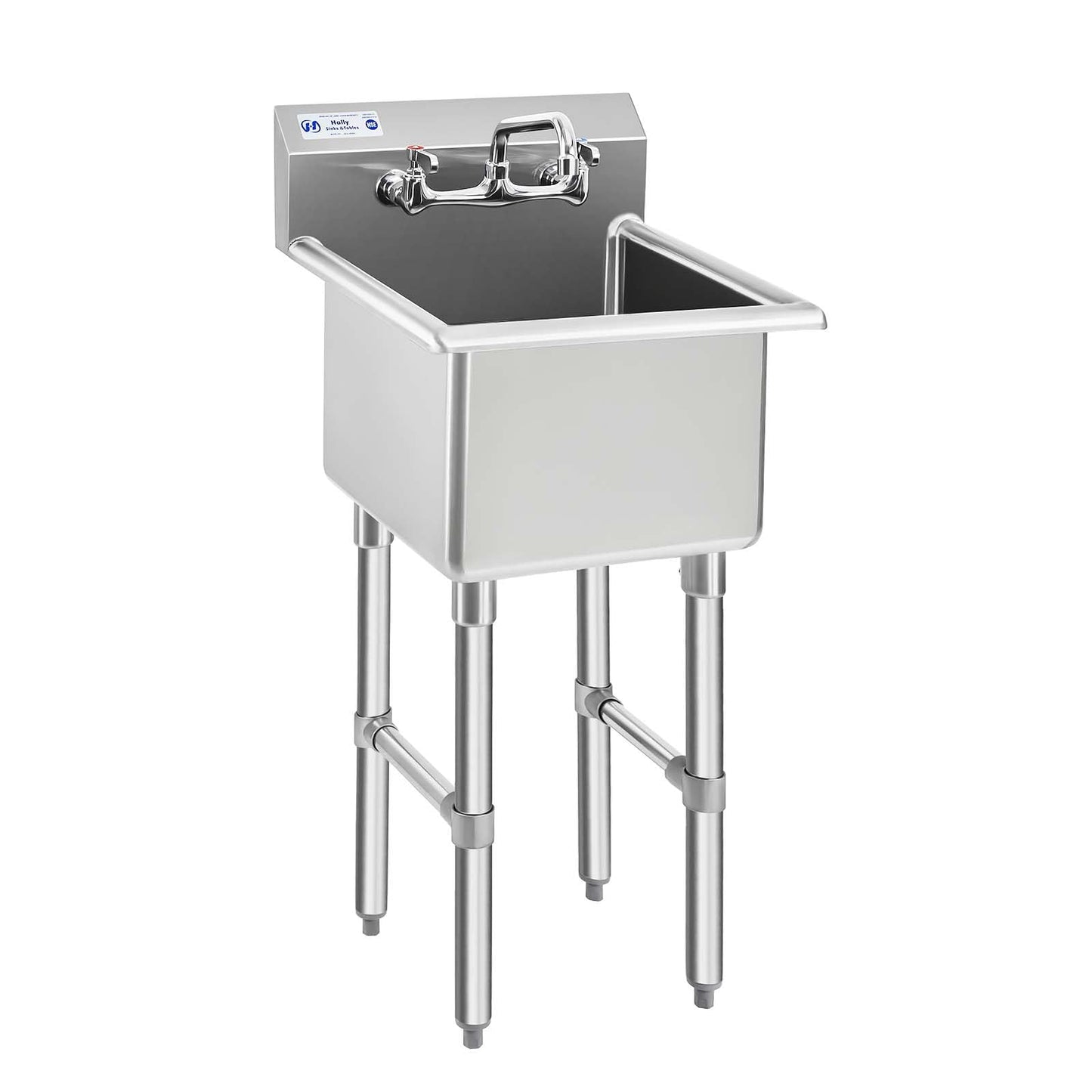 HALLY Commercial Stainless Steel Sink 1 Compartment NSF Prep & Utility Sink with 8" Faucet 15" L x 15" W x 12" D Bowl for Bar, Restaurant, Kitchen, Hotel and Home