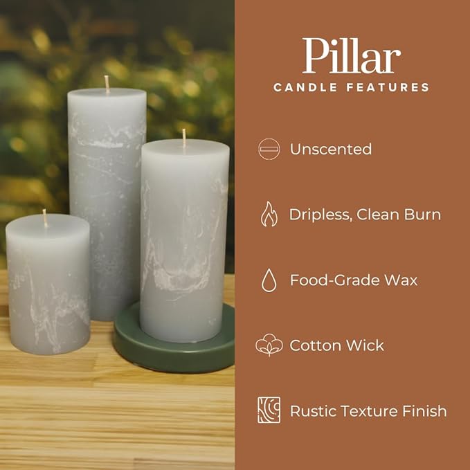 Simply Soson Grey Rustic Texture Pillar Candles 3x6 inch - Set of 3 - Unscented Decorative Grey Candles, No Drip, Ideal for Home Decor, Weddings, Holidays