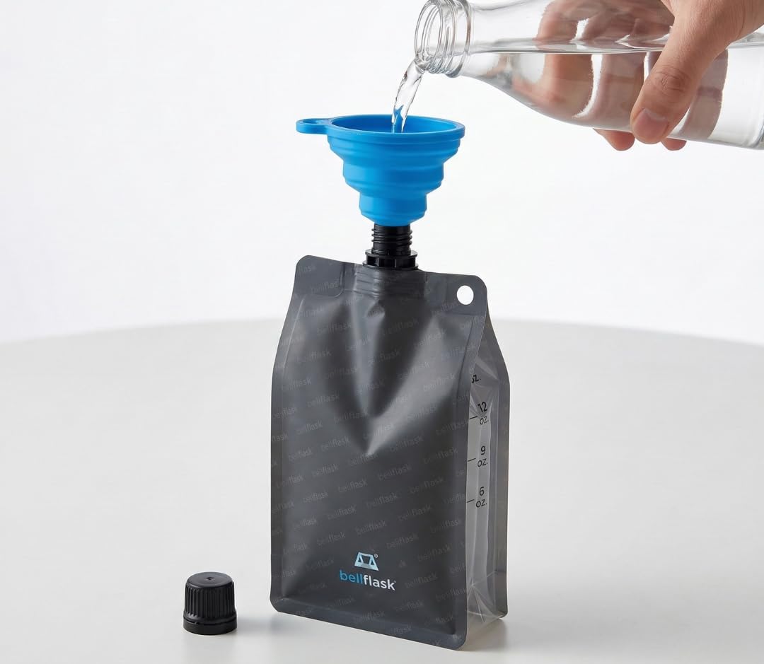 BellFlask - 15 oz. Plastic Flask, Patented, Flexible, Metal-Free, Reusuable, BPA-Free with Carabiner Clip and Filling Funnel
