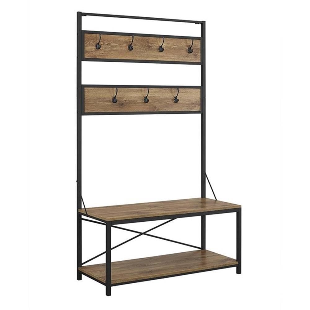 Walker Edison August Modern Farmhouse X Back Hall Tree with Bench, 72 Inch, Barnwood