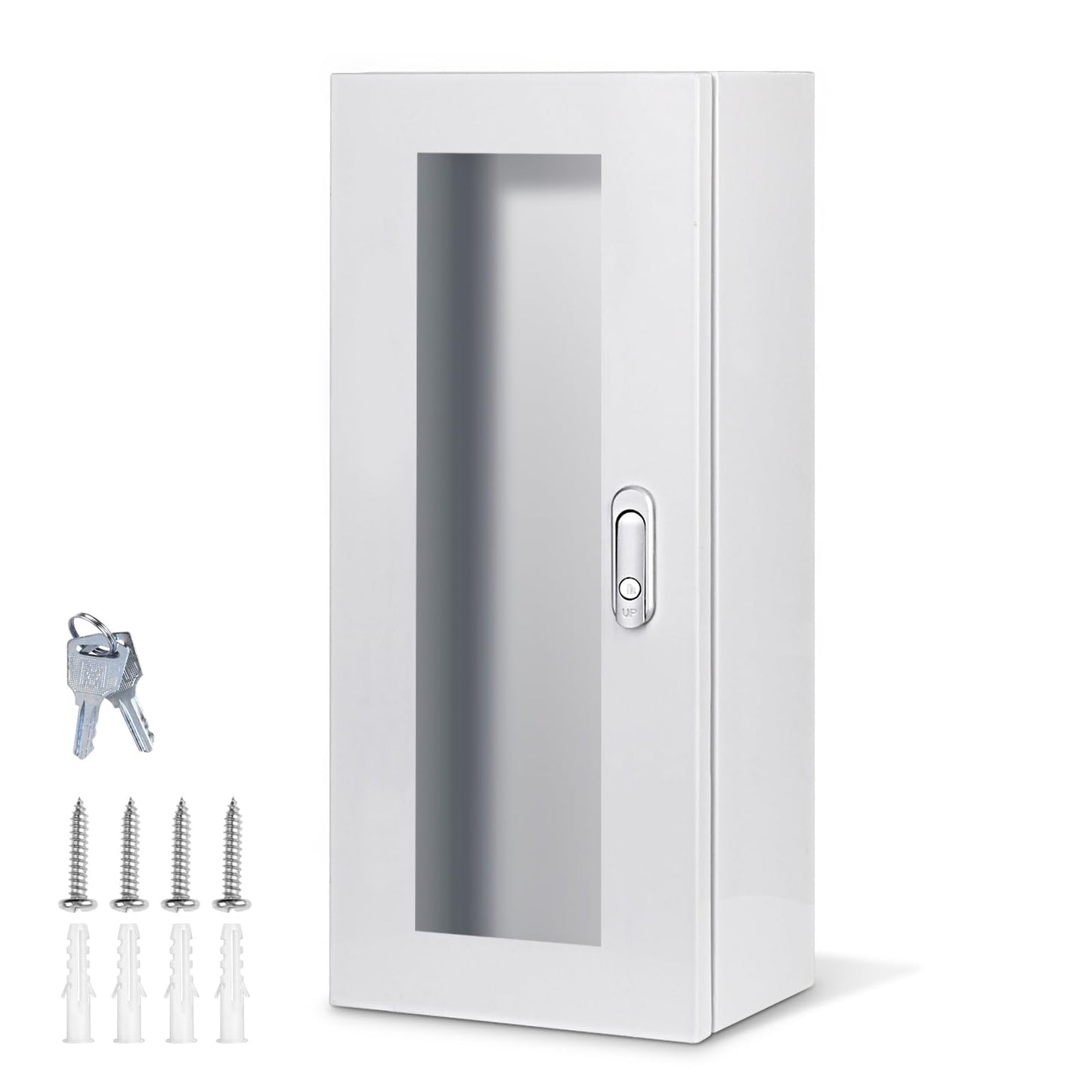 Fire Extinguisher Cabinet Wall and Surface Mount for 5-12 pounds Extinguisher, 23.6" H x 10.2" W x 6.7"D White Steel Fire Extinguisher Mount with Lock for Indoor Outdoor, with Full Clear Acrylic Door