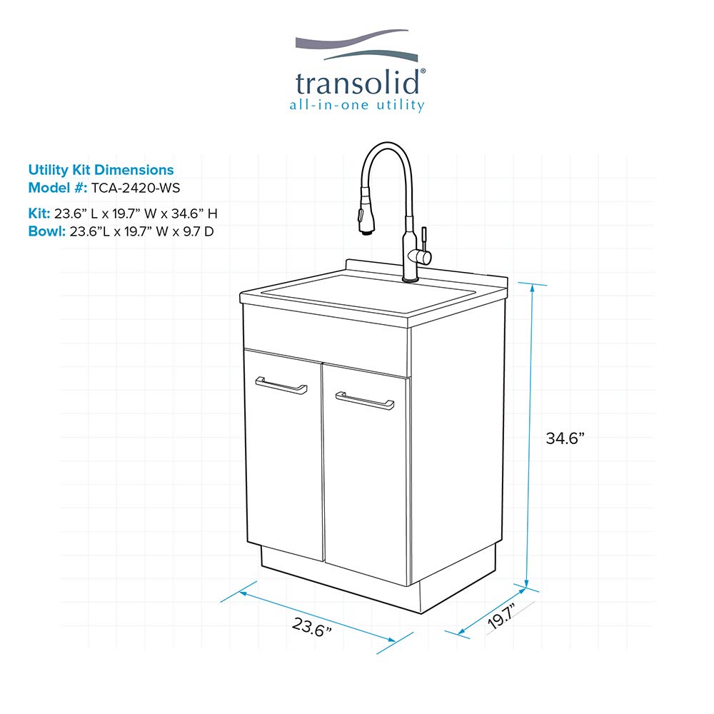 Transolid TCAB-2420-WSW 24-in All-in-One Laundry Cabinet Sink, Stainless Steel High Arc Faucet, and Basket in White