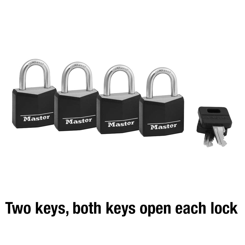 Master Lock Black Outdoor Key Lock, Standard Weather Resistant Padlock with Cover, Keyed Alike Padlocks for Lockers, Fences, Sheds, or Other Equipment, 4 Pack, 131Q