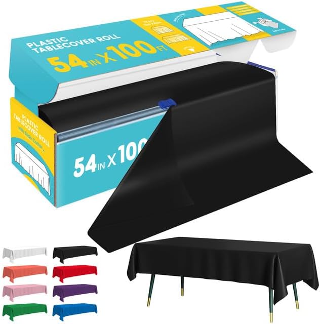 Niuara Black Plastic Table Cover Roll - 54" x 100FT | Disposable Table Cloth for Weddings & Parties