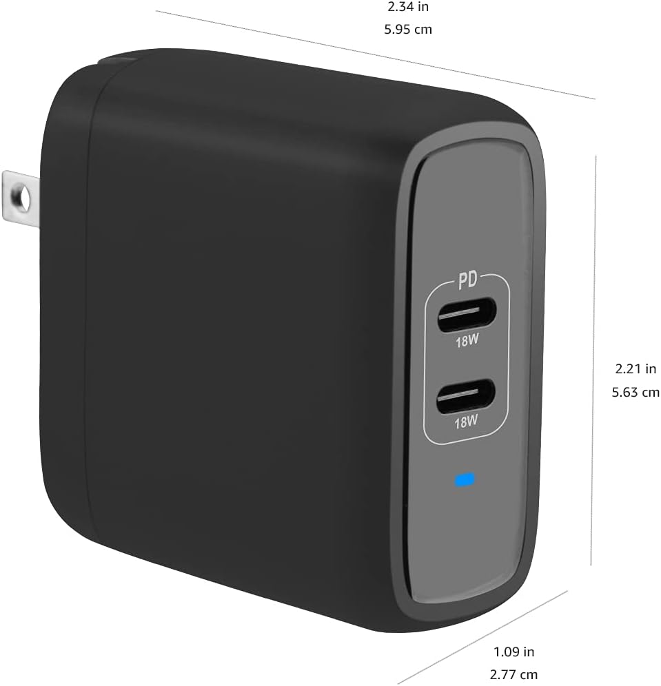 Amazon Basics 36W 15/14/13/12/11/X, 2.34 2.21 1.09 inches, Dual Port USB-C Wall Charger with Power Delivery, Foldable