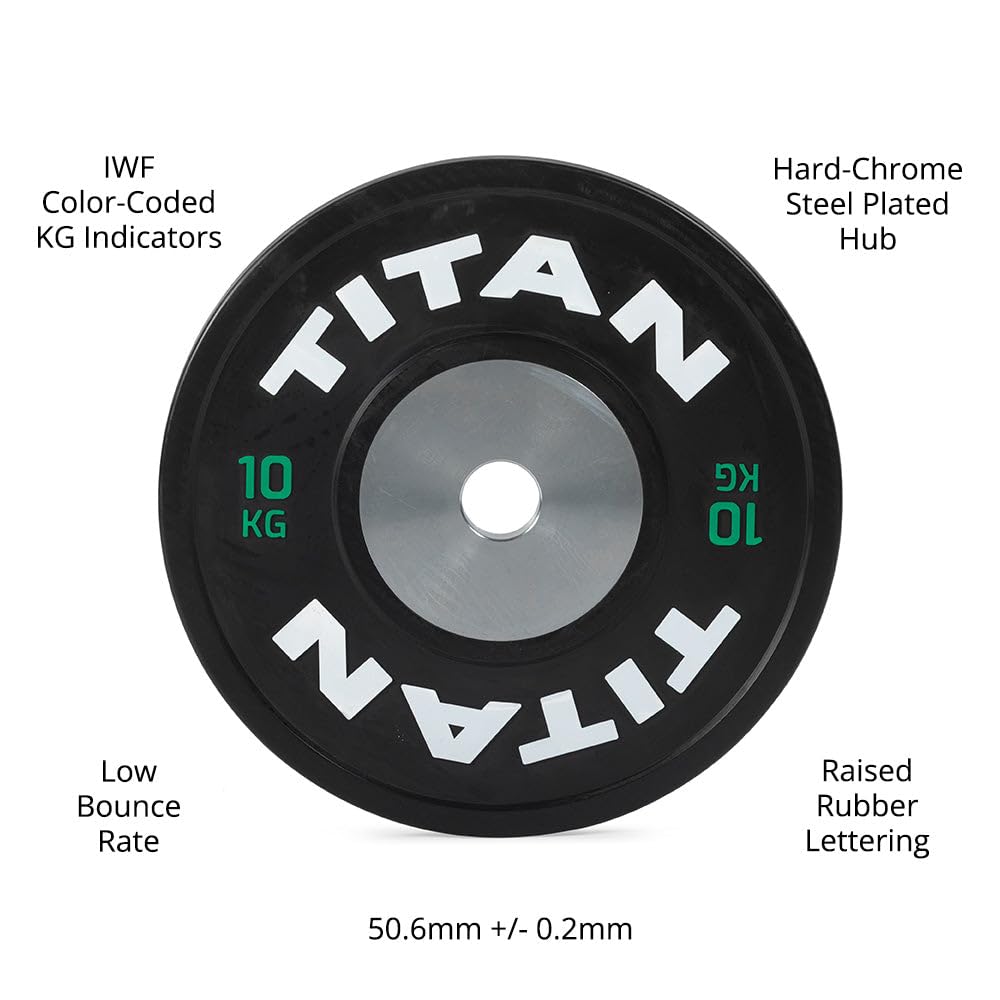Titan Fitness 10 KG Pair Elite Competition Bumper Plates, Black Olympic Weight Plates for Home Gym, Rubber Coating with Steel Core, Low Bounce Rate, Easy-Grip Edges