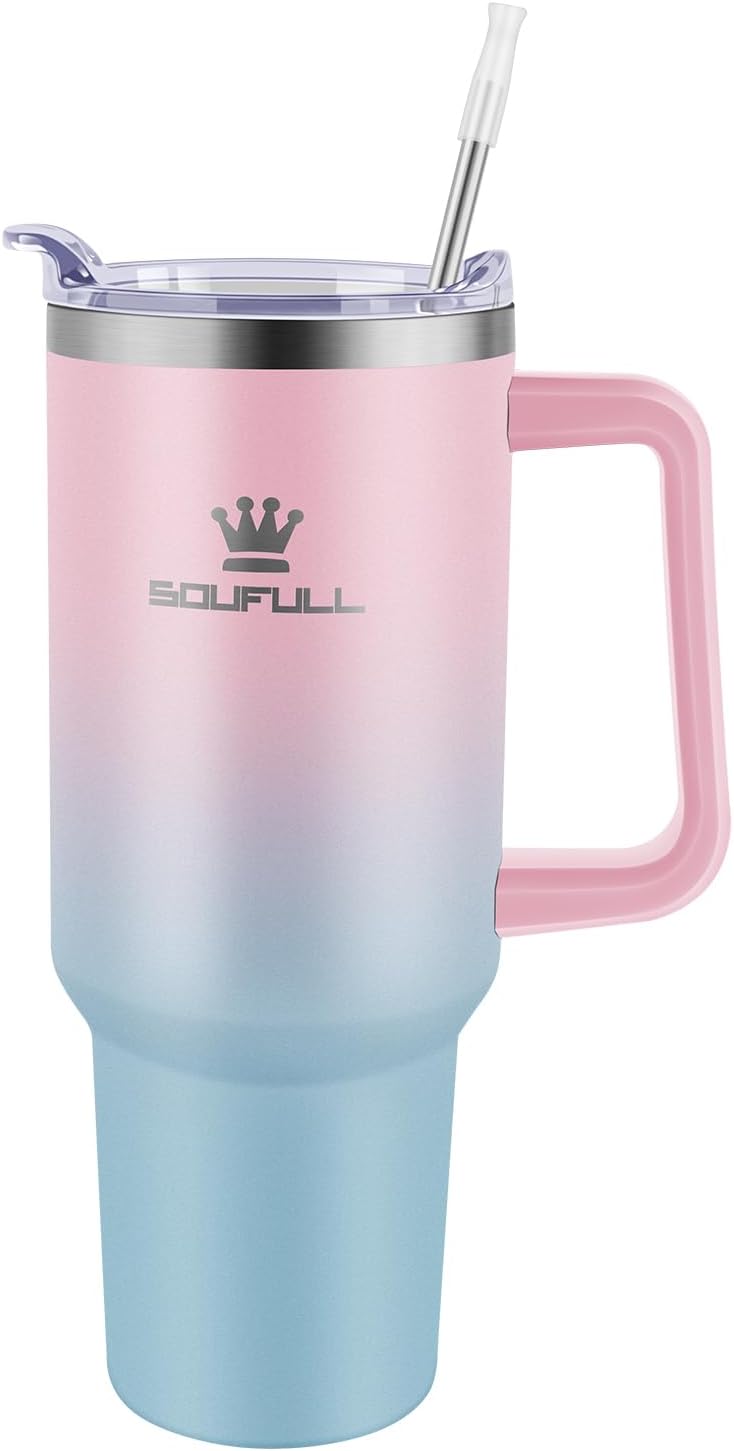 Skiennix 40 Oz Tumbler - Leak-Proof Travel Coffee Mug with Handle & Straw Lid | Insulated Stainless Steel, Pink/Blue