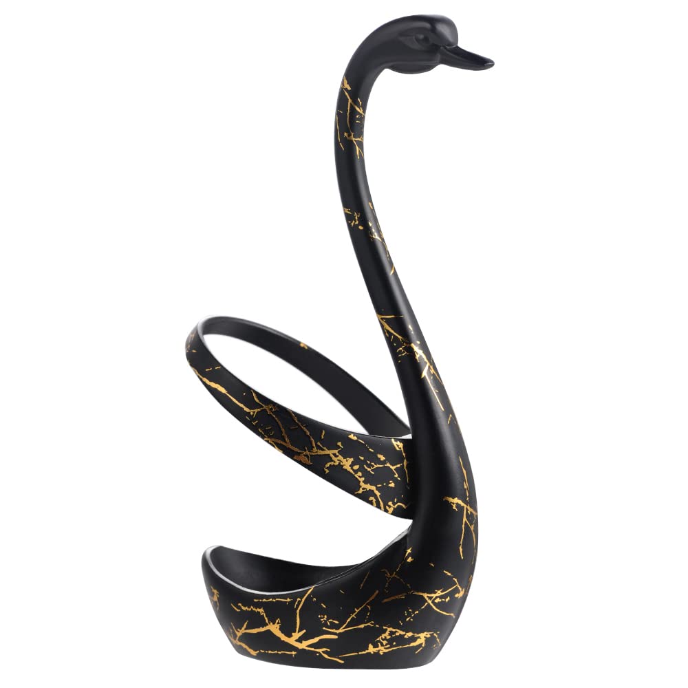 AnSaw Small Coffee Spoon Holder Set,Black Swan Base With 10 Pcs Black & Gold Demitasse Espresso Spoons Set,4.7" Mini Leaf Dessert Spoon,Stainless Steel Tea Spoons