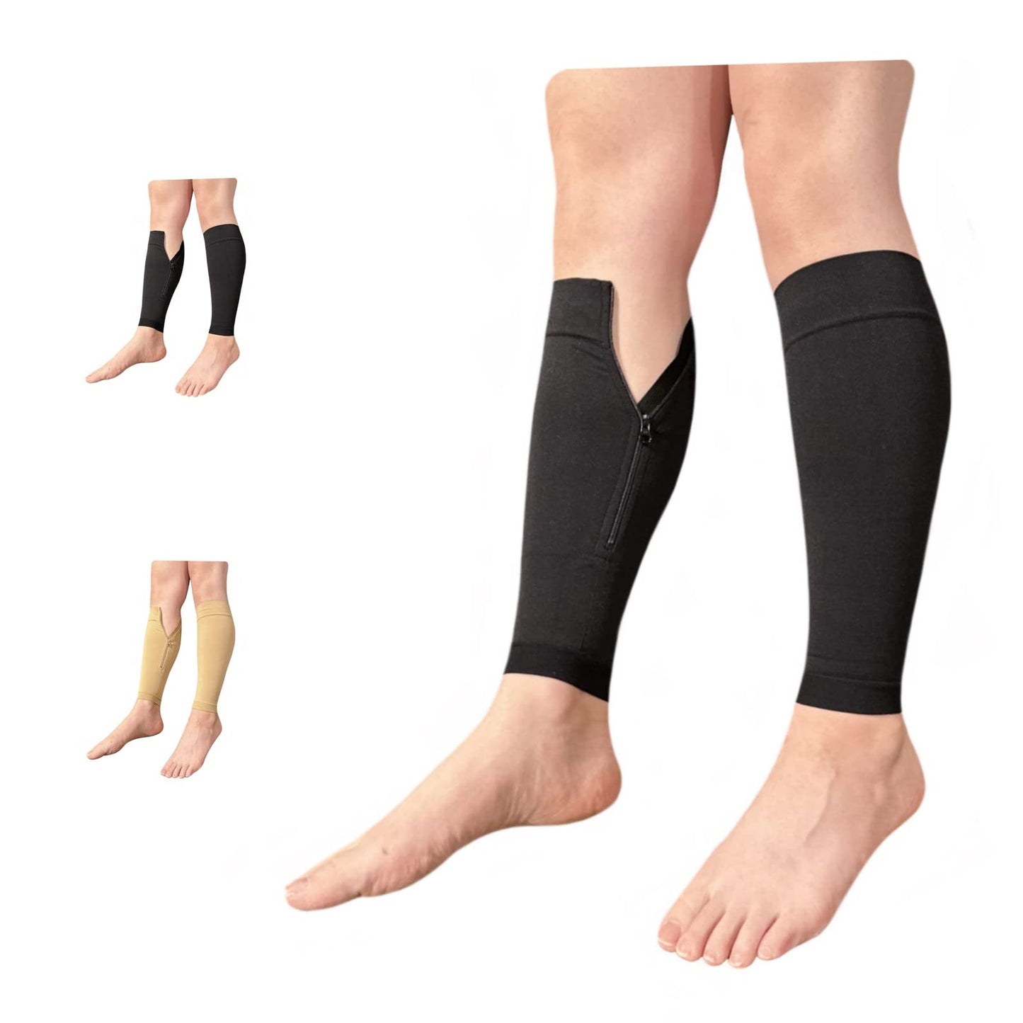 Ziperior 15-20 mmHg Compression Shin Calf No Foot Inside Leg Zipper Sleeves (Black, 2X-Large)
